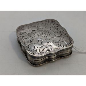 Silver hinged pill box, etched swirls and floral decoration,…