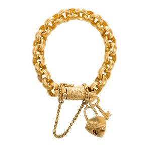 A gold bracelet, the belcher link bracelet, with locket and key…