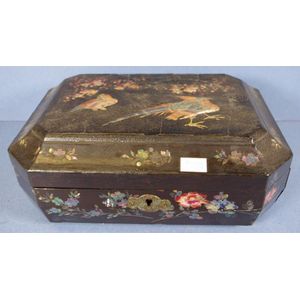 19th century lacquered sewing box with fitted interior and…
