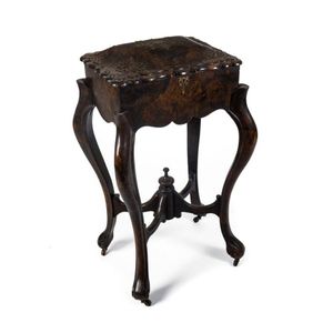 A Georgian sewing box on stand, simulated walnut with ornate…