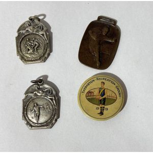 Vintage sport fobs & a pin badge, two Rugby fobs, a tennis fob&hellip;