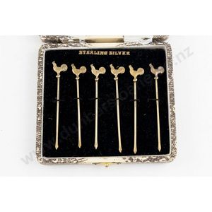 Cased set of 6 sterling silver gilt cockerel top cocktail…
