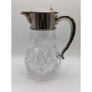 Vtg Small Cut Crystal Glass Pitcher Creamer Hinged Silver Lid