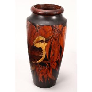 Australian pokerwork vase, of tapered form, decorated with…