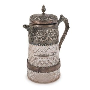 A Continental crystal claret jug with silver plated mounts,…