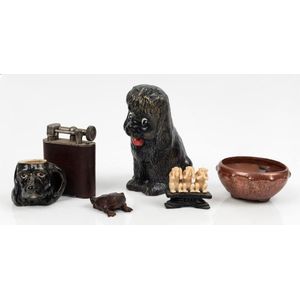 Vintage table cigar lighter, bronze toad, dog statue and cup,…
