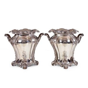 A pair of ornately decorated Sheffield plate wine coolers,…