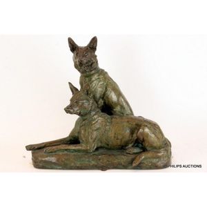 A large French bronze group of two Alsatians after Louis Riche,…