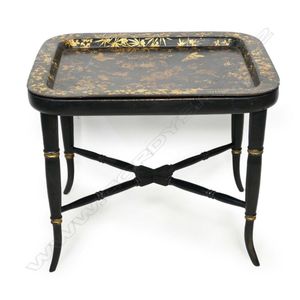 A Victorian paper mache tray top table, the ebonised wood base…