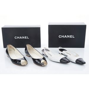 Chanel Shoe Size 38.5 Gray & Black Leather Embossed Cap Toe Round
