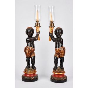 Pair of Italian polychrome-painted and parcel-gilt blackamoor…