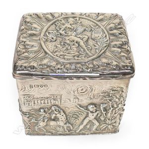 Sterling silver tea caddy, lid decorated with a fairy playing a…