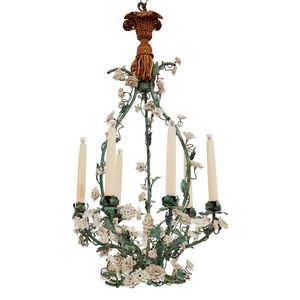 A tole peinte and porcelain flower six-light chandelier, the…