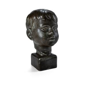 Ceramic portrait bust of boy, ash and tenmoku glaze, incised…