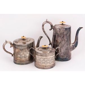 An antique English three piece silver plated tea service, 19th…