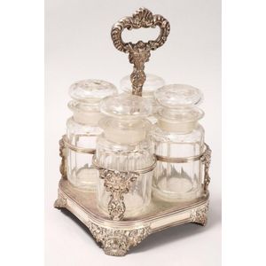 Old Sheffield Plate cruet set, of square form, with tall…