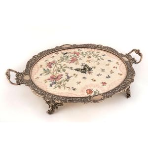 An antique silver plated serving tray with porcelain insert,…