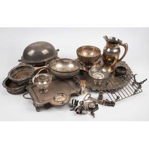 Silver plated trays, serving dishes, bar ware, bottle coasters…