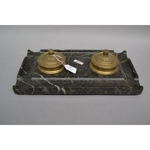 Antique Empire French bronze two well inkstand on marble, A/F…