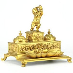 French bronze gilt ink stand with an applied figure of a cherub…