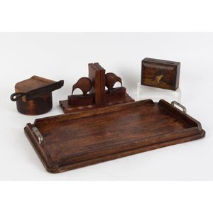 An Australian timber serving tray, folk art jewellery box with…