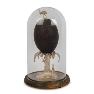 A sterling silver mounted emu egg ornament adorned with emu,…