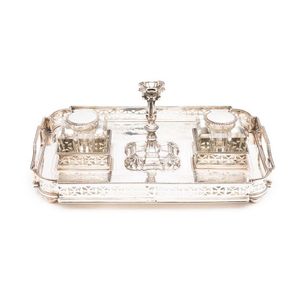 A Victorian sterling silver rectangular ink stand with two…