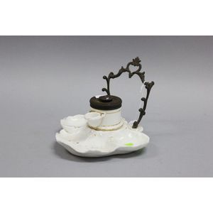 Antique French porcelain and bronze inkstand, the inkwell has a…