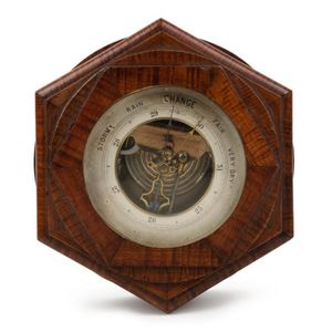 An antique aneroid wall barometer with exposed movement, in a…