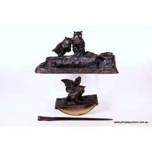 A fine signed Austrian bronze owl three piece Deskset, early…