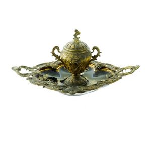 Early ormolu & glass standish. Central lidded ink well (with…
