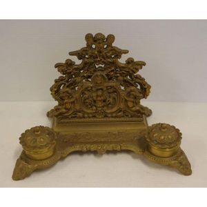 Antique ormolu standish, with pottery ink wells, 30 cm wide