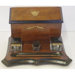 Antique timber standish, with lift lid opening to letter filing…