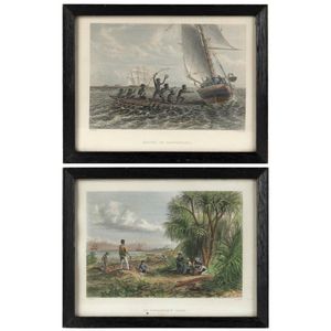 I.) An Explorer's Camp, II.) Natives Of Carpentaria, two framed…