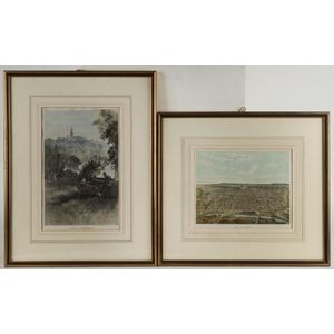 Two antique coloured engravings of Melbourne, the larger 47 x…