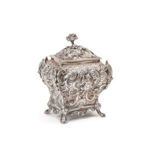 A George IV sterling silver Chinoiserie tea caddy by John…