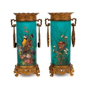 A fine pair of Aesthetic movement enamelled vases in gilt…