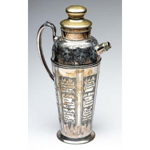 A large silverplated cocktail maker inscribed with ingredients…
