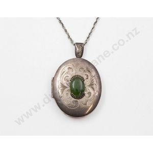 Large sterling silver greenstone photo locket, bright cut…