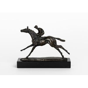 A bronze jockey and horse model on a marble base, inscribed Bw,…