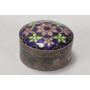 Circular trinket box and cover, decorated with pink and green…