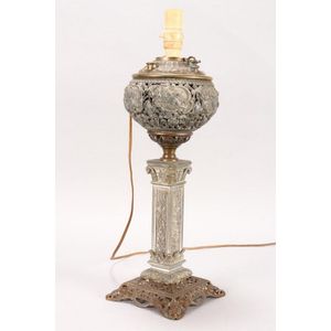 Pewter table lamp, of squat globular form on a square base and…