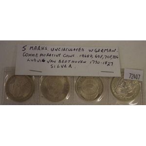 Four German silver commemorative 5 marks coins, including…