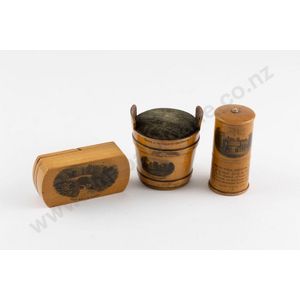Victorian mauchline ware pin cushion, needle case & puzzle box,…