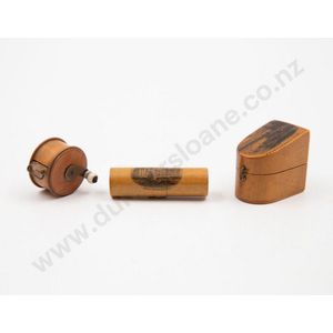 Three pieces Victorian mauchline ware, thimble case, needle…