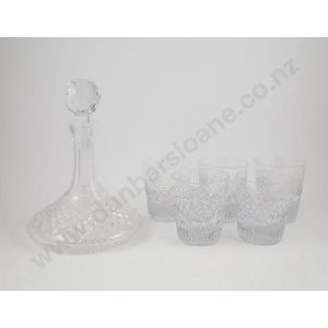 Cut crystal ships decanter & 5 Whisky tumblers, with mixed cuts