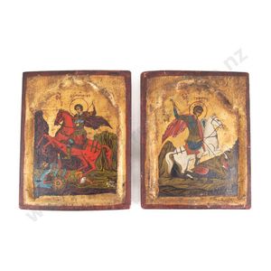 Pair of Russian painted wooden Icons, one depicting St George &…