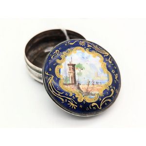 Silverplate enamel pill box, embossed decorations to base and…