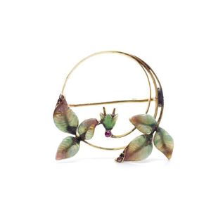 Vintage Art Nouveau Simplistic Leaf Faux Pearl Gold Tone Brooch - L1
