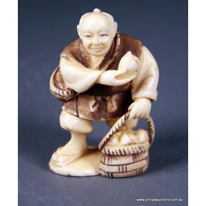 Meiji Ivory Netsuke: Man with Peach - Netsuke - Oriental